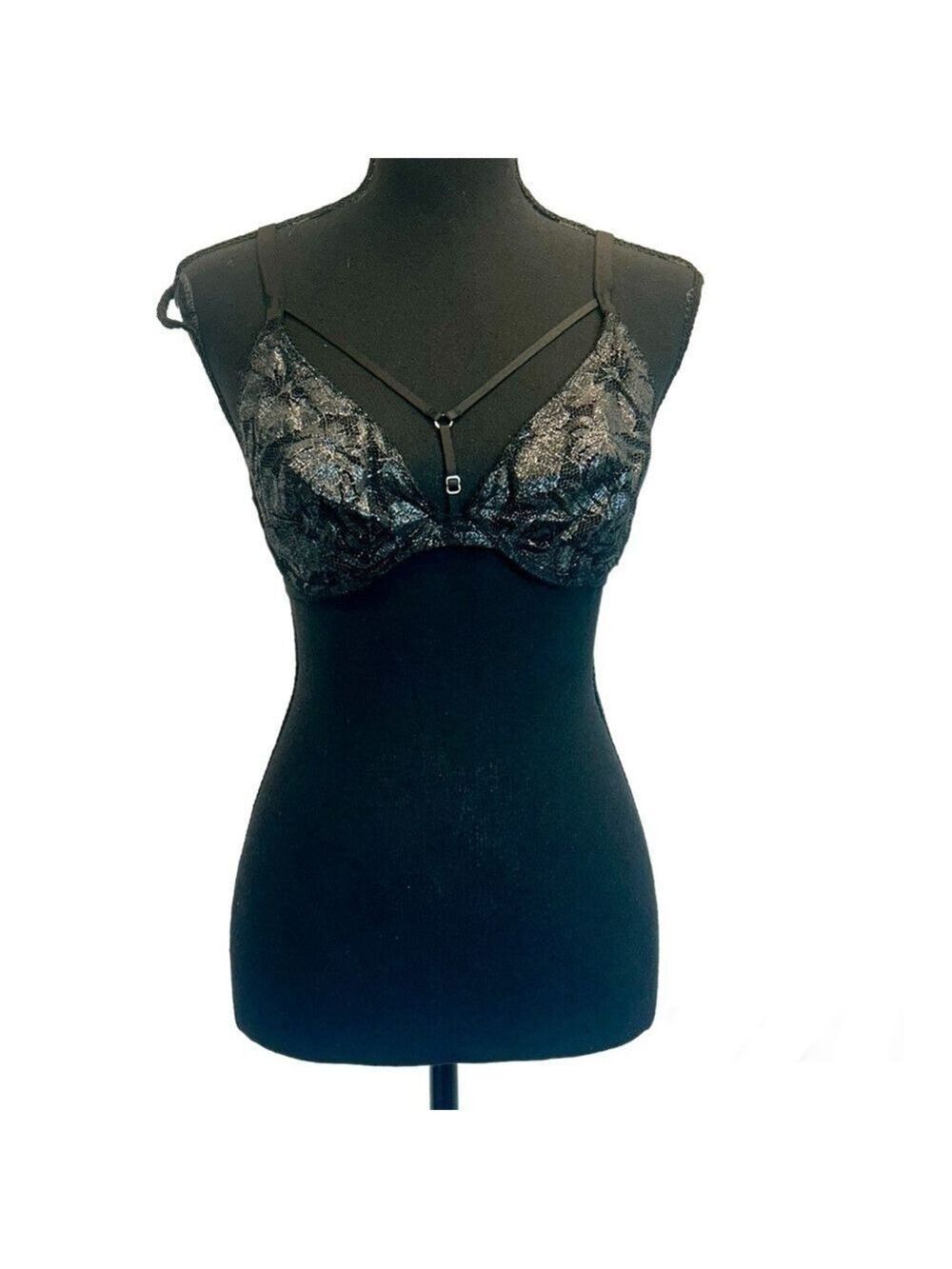 Victoria’s Secret Very Sexy strappy black metallic silver lace bra Sz 32DD